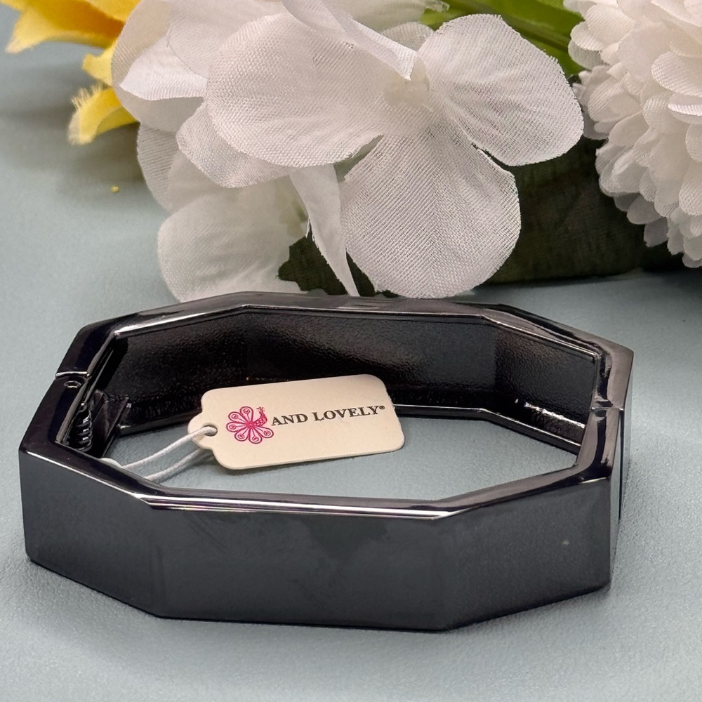 And Lovely Black Intricate Hexagon Hinged Bangle Bracelet